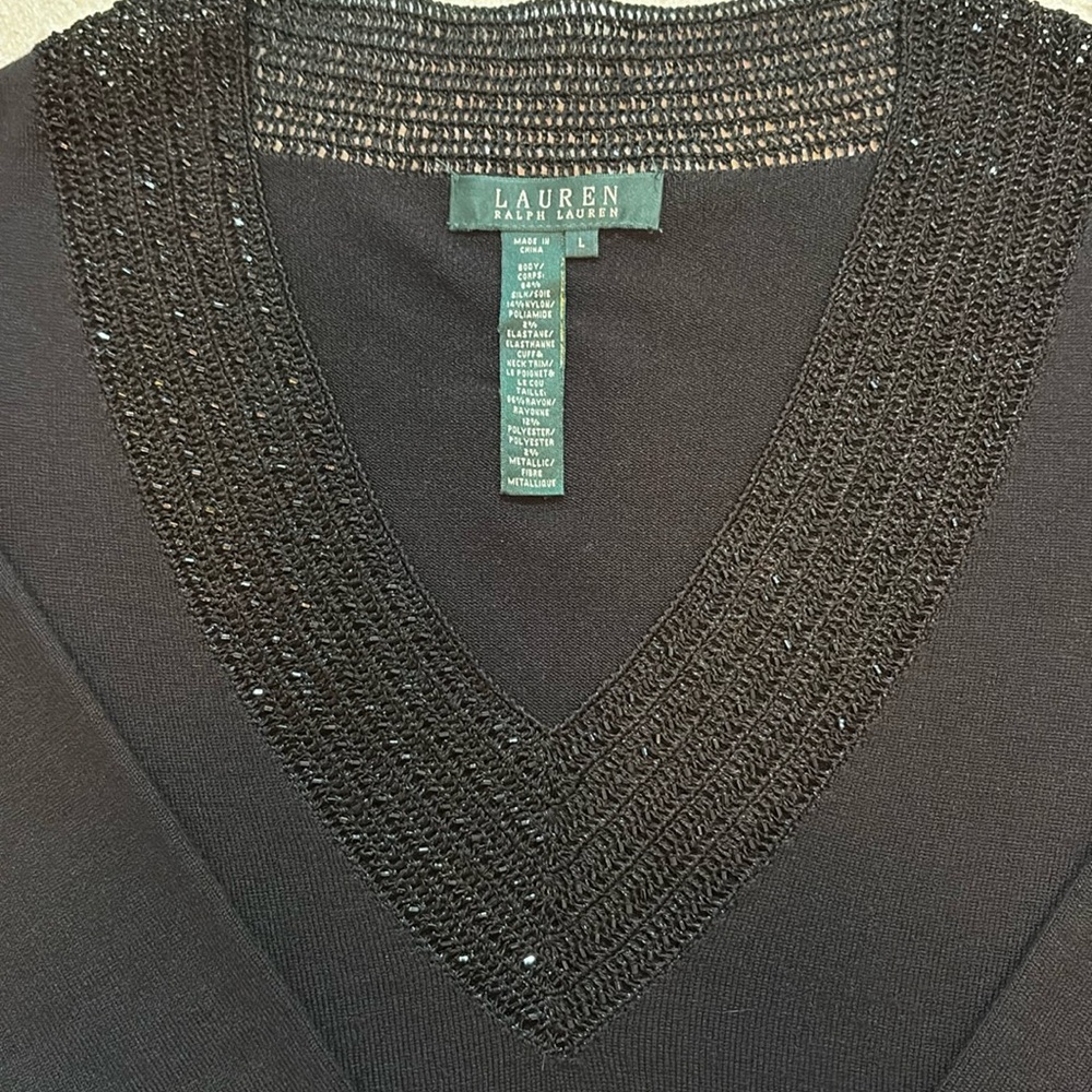 Lauren Ralph Lauren Black 3/4 Sleeve Beaded Vneck knit top (L) EUC